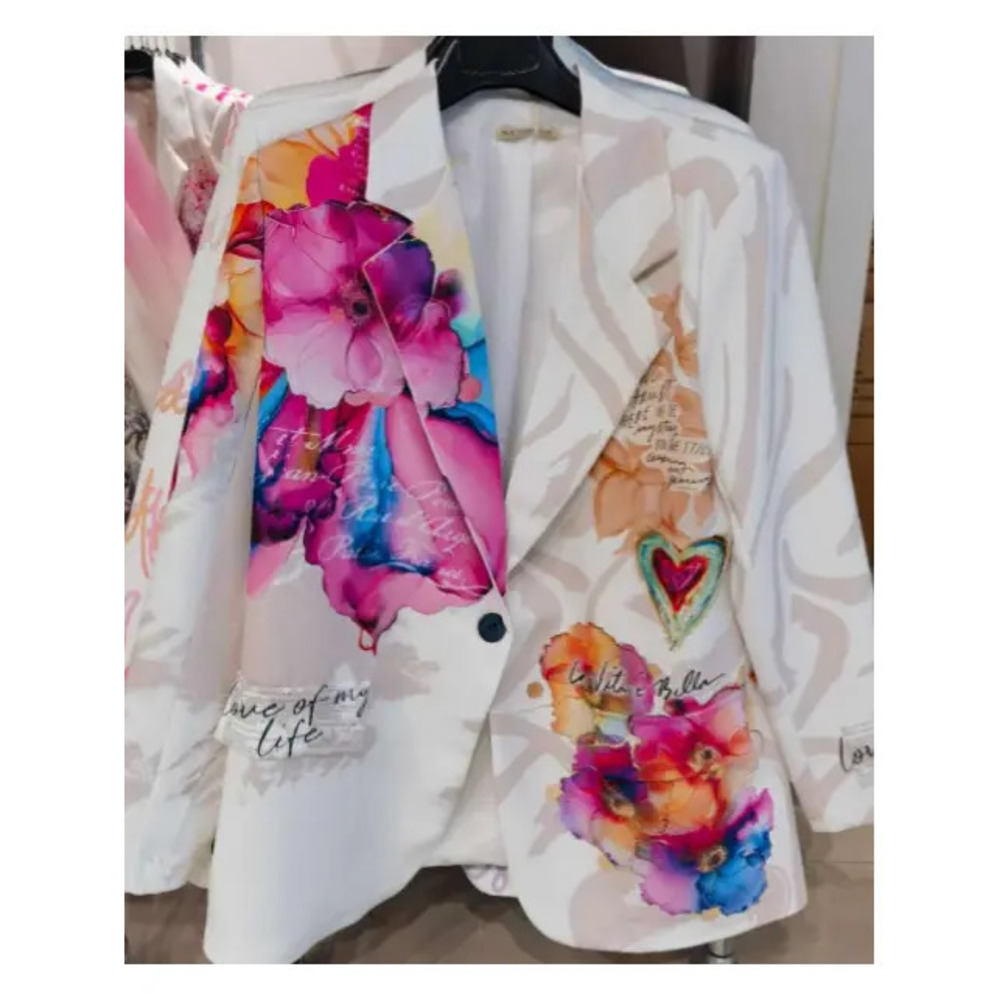 L909 Loowie Italian White Floral Print Blazer One Size